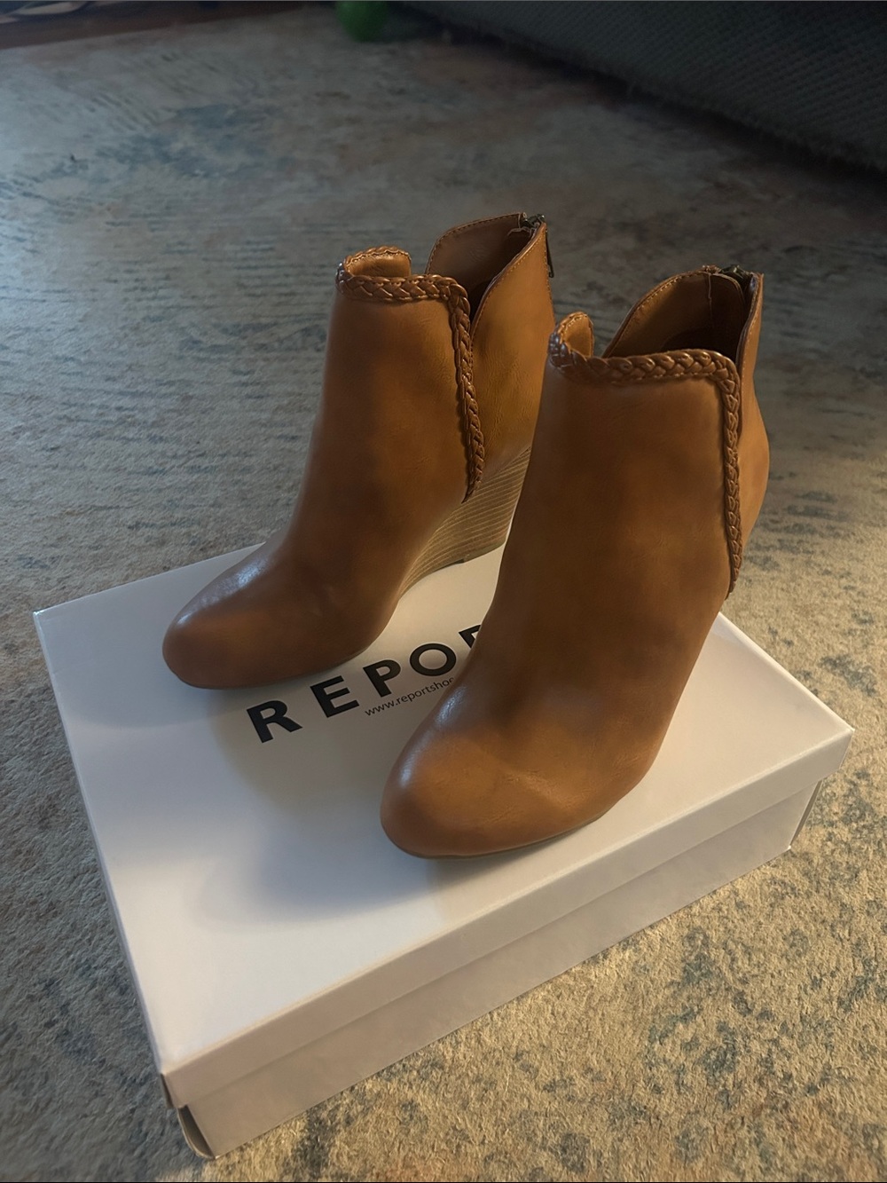 Report Tan Braided Trim Wedge Ankle Booties